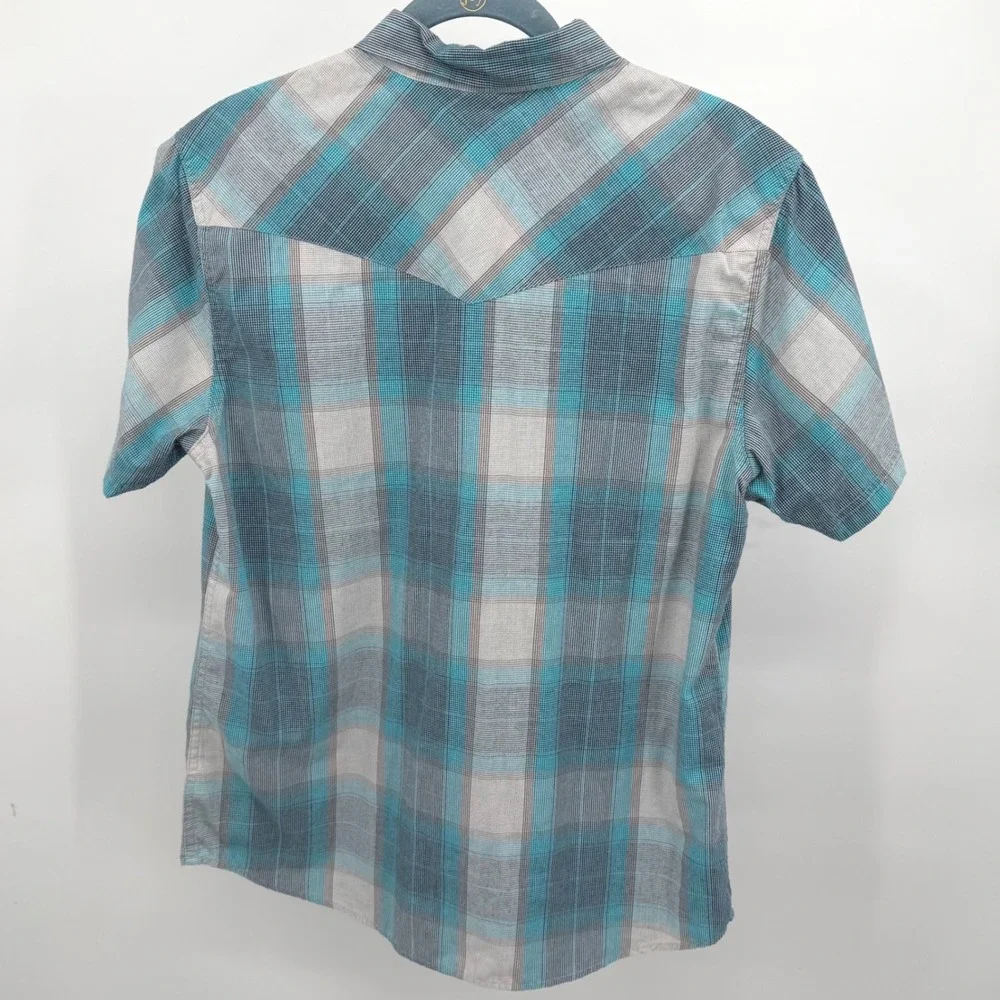 Levis Mens M Shirt Blue Grey Western‎ Plaid Short Sleeve Pearl Snap